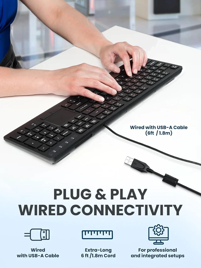 Alt view image 4 of 7 - Perixx PERIBOARD-513III Wired Full-Size Keyboard with Integrated Touchpad - Quiet Scissor Keys - Multimedia Hotkeys - US Layout