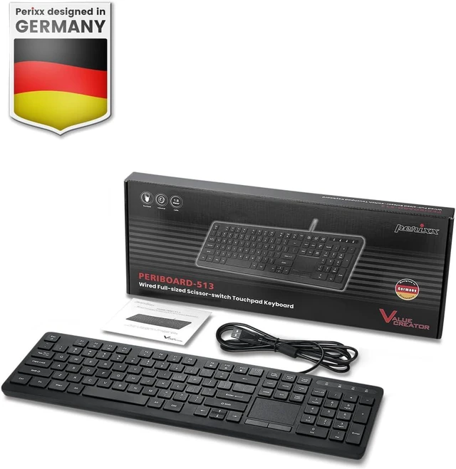 Alt view image 6 of 7 - Perixx PERIBOARD-513III Wired Full-Size Keyboard with Integrated Touchpad - Quiet Scissor Keys - Multimedia Hotkeys - US Layout