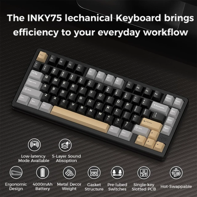 Alt view image 3 of 7 - MK INKY75 Mechanical Keyboard with Full Aluminum Wireless Mechanical Gaming Keyboard, 75% Layout Mechanical Keyboard BT/2.4G/USB-C,Hot Swappable, Creamy Sounding, RGB/PP/4000mAh(Raven Black)