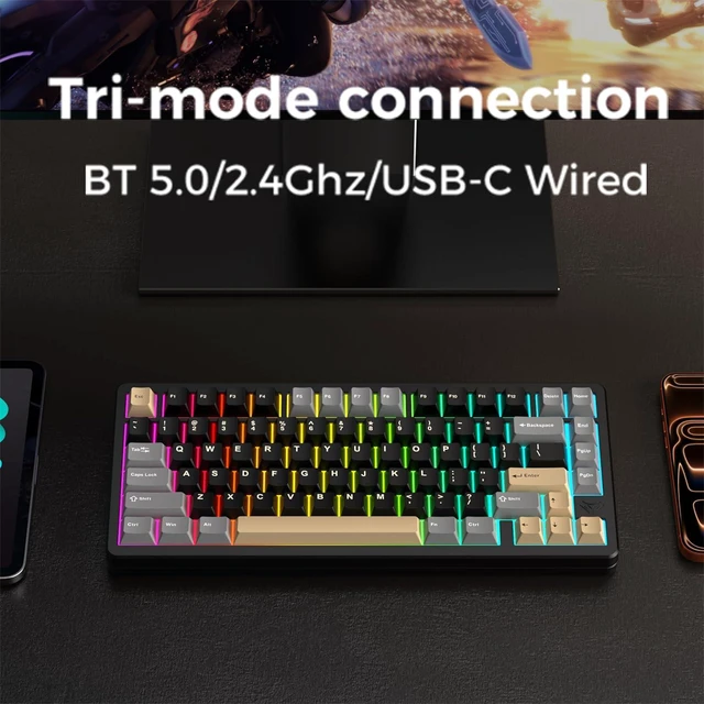 Alt view image 4 of 7 - MK INKY75 Mechanical Keyboard with Full Aluminum Wireless Mechanical Gaming Keyboard, 75% Layout Mechanical Keyboard BT/2.4G/USB-C,Hot Swappable, Creamy Sounding, RGB/PP/4000mAh(Raven Black)