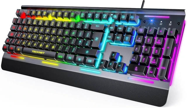 Main image of TECKNET Wired Gaming Keyboard, RGB Backlit Keyboard with Metal Panel Design | 15-Zone RGB Illumination, Whisper Quiet Design, IP32 Water Resistance, 25 Anti-ghosting Keys, Ergonomic Design