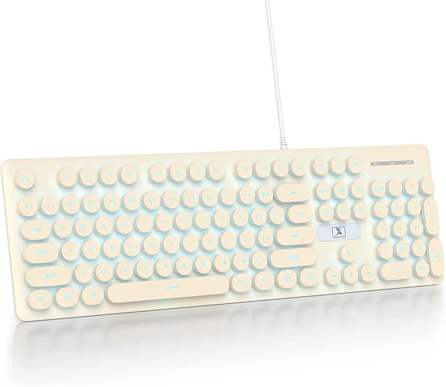 Main image of Wired Retro Typewriter Keyboard, Quiet Computer Keyboard Light up with Full Size 104 Round Keys Blue LED Backlit Slim Silent for Windows PC Laptop(Khaki)