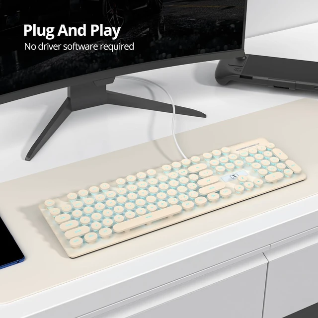 Alt view image 4 of 7 - Full Size Wired Computer Keyboard, Quiet Typewriter Keyboard with Retro Round Keycaps, LED Backlit, Membrane, 104-key for PC, Laptop(Khaqi)