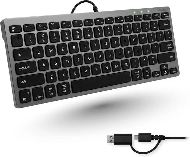 Main image of Macally Small Wired Keyboard for Mac and PC (Dual USB C + A) - Save Space, 78-Key Layout with 13 Shortcuts, Type C - Compact USB C Keyboard for MacBook, iMac, iPad, iPhone - Space Gray