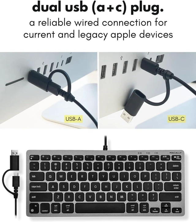 Alt view image 3 of 7 - Macally Small Wired Keyboard for Mac and PC (Dual USB C + A) - Save Space, 78-Key Layout with 13 Shortcuts, Type C - Compact USB C Keyboard for MacBook, iMac, iPad, iPhone - Space Gray