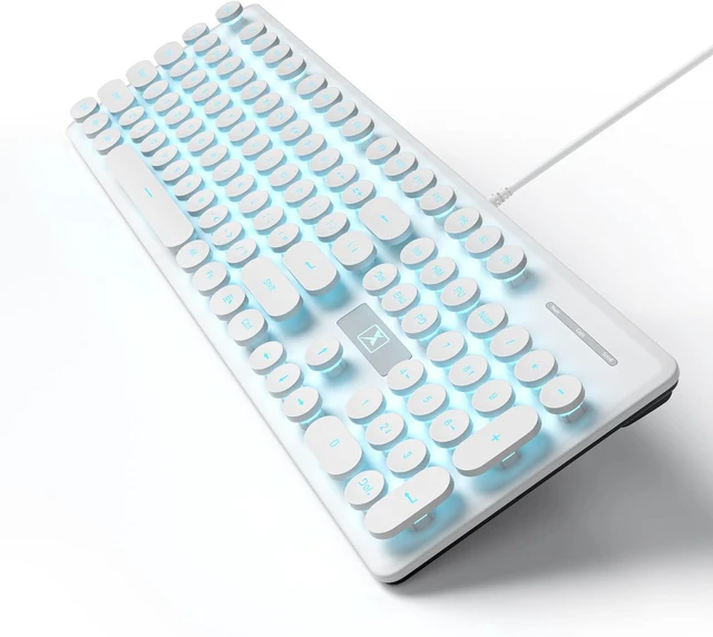 Alt view image 2 of 7 - Typewriter Keyboard 104-key Punk Gaming Retro Keyboard LED Ice Blue Backlit Cute Keyboard with Wired USB Suitable for PC/Win/Mac/Laptop Computer KeyboardWhite