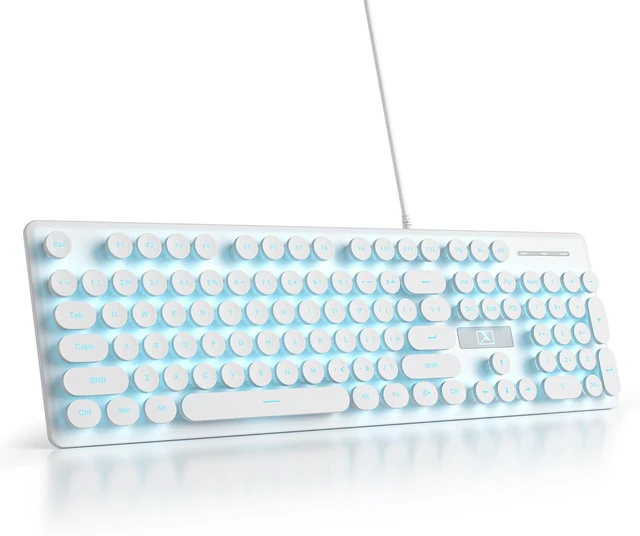 Main image of Typewriter Keyboard 104-key Punk Gaming Retro Keyboard LED Ice Blue Backlit Cute Keyboard with Wired USB Suitable for PC/Win/Mac/Laptop Computer KeyboardWhite