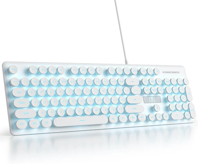 Alt view image 7 of 7 - Typewriter Keyboard 104-key Punk Gaming Retro Keyboard LED Ice Blue Backlit Cute Keyboard with Wired USB Suitable for PC/Win/Mac/Laptop Computer KeyboardWhite