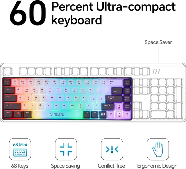 Alt view image 2 of 7 - CHONCHOW Mini RGB 60% Gaming Keyboard, 68 Keys Small Compact USB Wired Rainbow Light Up Backlit Gaming Keyboard for Xbox PS4 PS5 PC Laptop Gamer(White-Black)