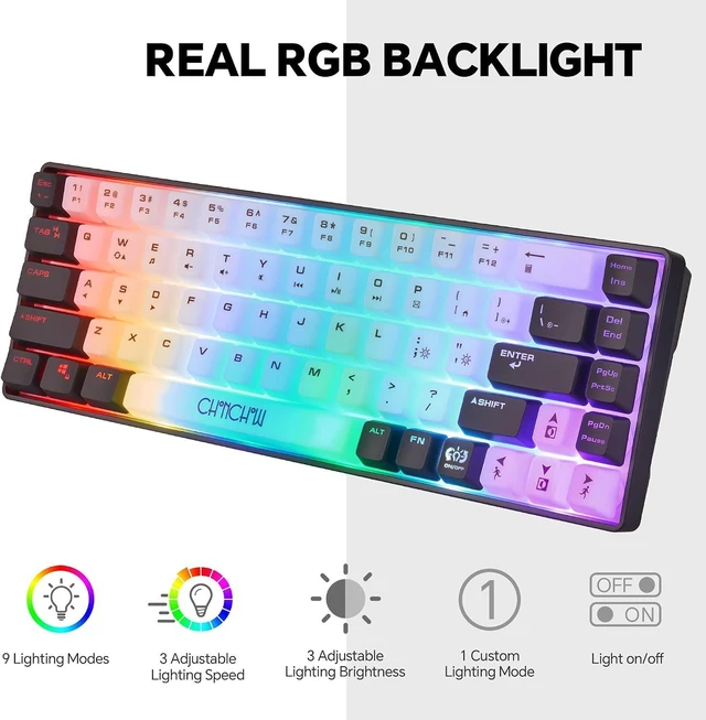 Alt view image 3 of 7 - CHONCHOW Mini RGB 60% Gaming Keyboard, 68 Keys Small Compact USB Wired Rainbow Light Up Backlit Gaming Keyboard for Xbox PS4 PS5 PC Laptop Gamer(White-Black)