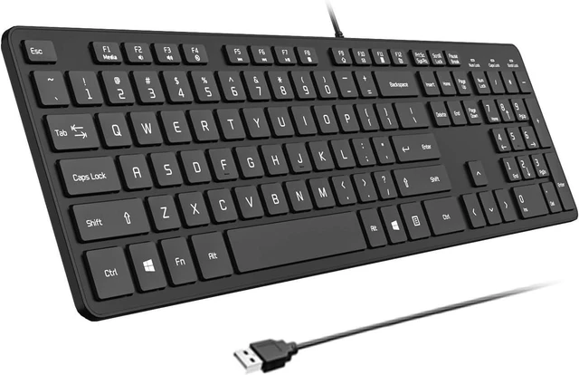 Main image of Wired USB Keyboard with Cover/Protector Skin, Low-Profile Flat Keyboard with US Layout (QWERTY), Durable Ultra-Slim Quiet Computer Keyboard for PC Windows 11/10 / 8/7 / XP/Vista - Black