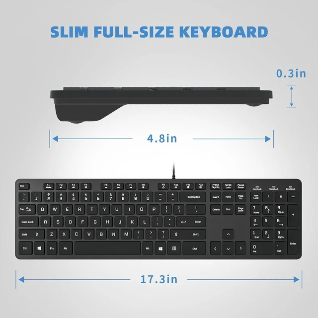 Alt view image 4 of 7 - Wired USB Keyboard with Cover/Protector Skin, Low-Profile Flat Keyboard with US Layout (QWERTY), Durable Ultra-Slim Quiet Computer Keyboard for PC Windows 11/10 / 8/7 / XP/Vista - Black