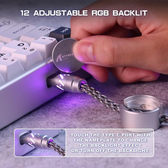 Alt view image 4 of 7 - ATTACK SHARK C07 Custom Braided Aviator Cable with Light Up RGB-Gray | 5 Pin Aviation Connector,USB-A to Type-C,Detachable CNC Magnetic Nameplate for Charging Phone 8KHZ Magnetic Keyboard X65 X68