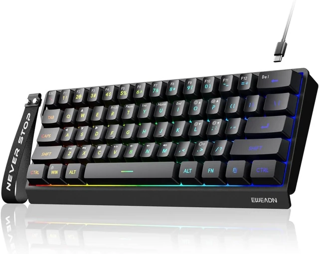 Main image of SEUNKWANG EWEADN F61 60% Gaming Keyboard Wired, RGB Backlit Membrane Gaming Keyboard with PBT Keycaps, Compact Design, Lanyard Wired Keyboard for Mac/Win-Black
