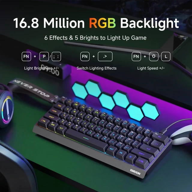 Alt view image 2 of 7 - SEUNKWANG EWEADN F61 60% Gaming Keyboard Wired, RGB Backlit Membrane Gaming Keyboard with PBT Keycaps, Compact Design, Lanyard Wired Keyboard for Mac/Win-Black