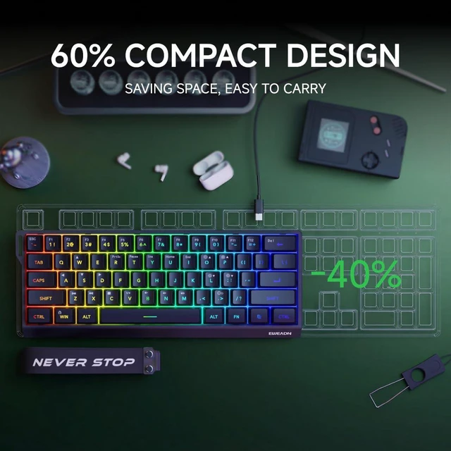 Alt view image 3 of 7 - SEUNKWANG EWEADN F61 60% Gaming Keyboard Wired, RGB Backlit Membrane Gaming Keyboard with PBT Keycaps, Compact Design, Lanyard Wired Keyboard for Mac/Win-Black