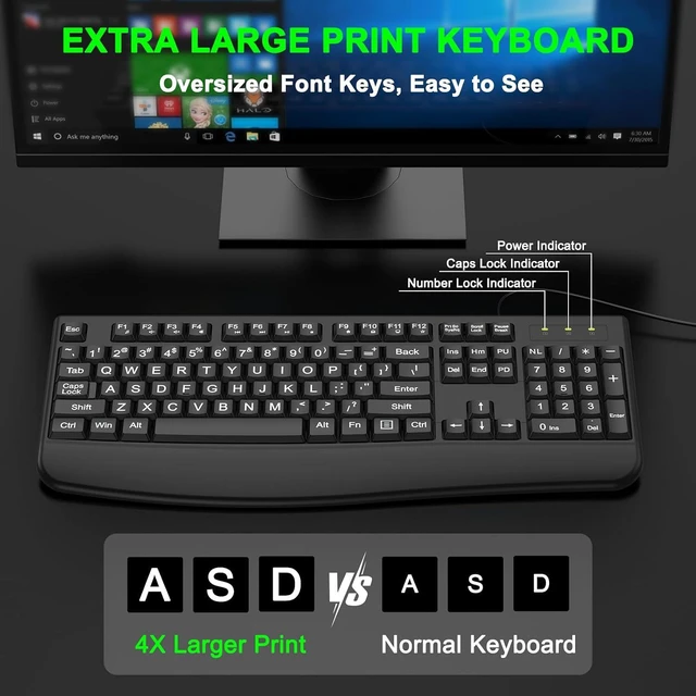 Alt view image 2 of 7 - QUASIO Large Print Keyboard, 2.4G Full-Sized Ergonomic WiredComputer Keyboard with Wrist Rest for Windows, Mac OS Laptop/PC/Desktop/Notebook(Large Print Black)
