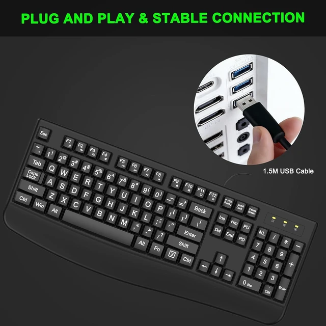 Alt view image 6 of 7 - QUASIO Large Print Keyboard, 2.4G Full-Sized Ergonomic WiredComputer Keyboard with Wrist Rest for Windows, Mac OS Laptop/PC/Desktop/Notebook(Large Print Black)