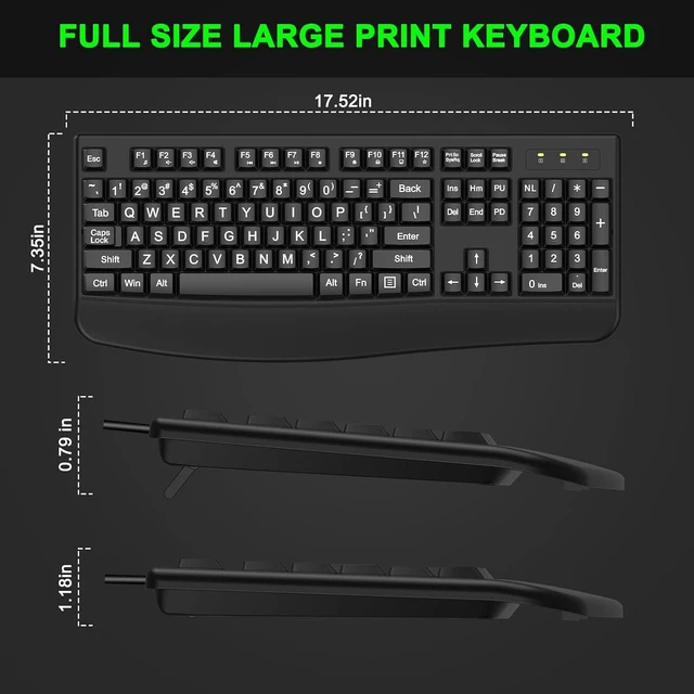 Alt view image 7 of 7 - QUASIO Large Print Keyboard, 2.4G Full-Sized Ergonomic WiredComputer Keyboard with Wrist Rest for Windows, Mac OS Laptop/PC/Desktop/Notebook(Large Print Black)