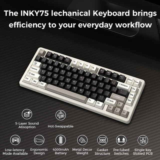 Alt view image 5 of 7 - MK INKY75 Mechanical Keyboard with Full Aluminum Wireless Mechanical Gaming Keyboard, 75% Layout Mechanical Keyboard BT/2.4G/USB-C,Hot Swappable, Creamy Sounding, RGB/PP/4000mAh(Light Beige)