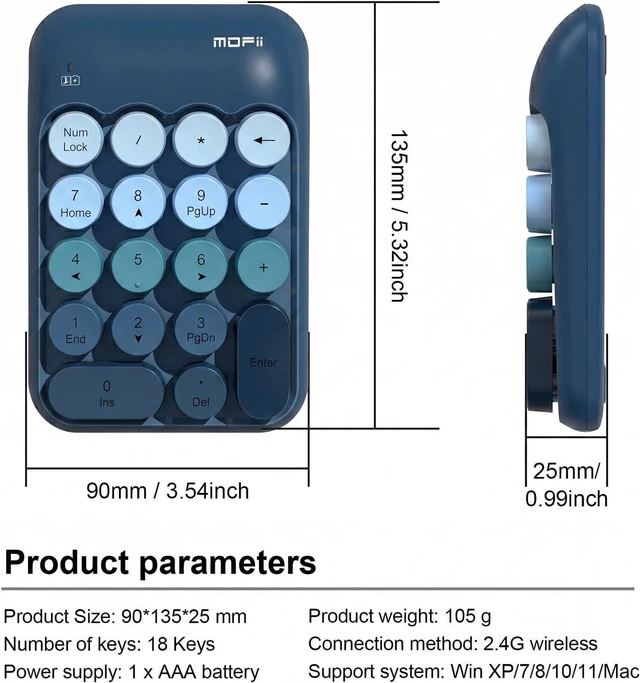 Alt view image 6 of 7 - Cute Wireless Numeric Keypad with 2.4G USB Receiver, Colorful Round Keycaps, Portable Financial Accounting Numpad Number Keyboard, Suitable for PC, Laptop (Blue Gradient)