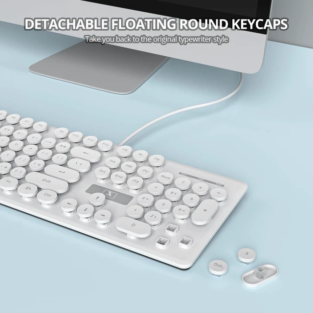 Alt view image 4 of 7 - Wired Retro Typewriter Keyboard, Quiet Computer Keyboard Light up with Full Size 104 Round Keys Blue LED Backlit Slim Silent for Windows PC Laptop(White)