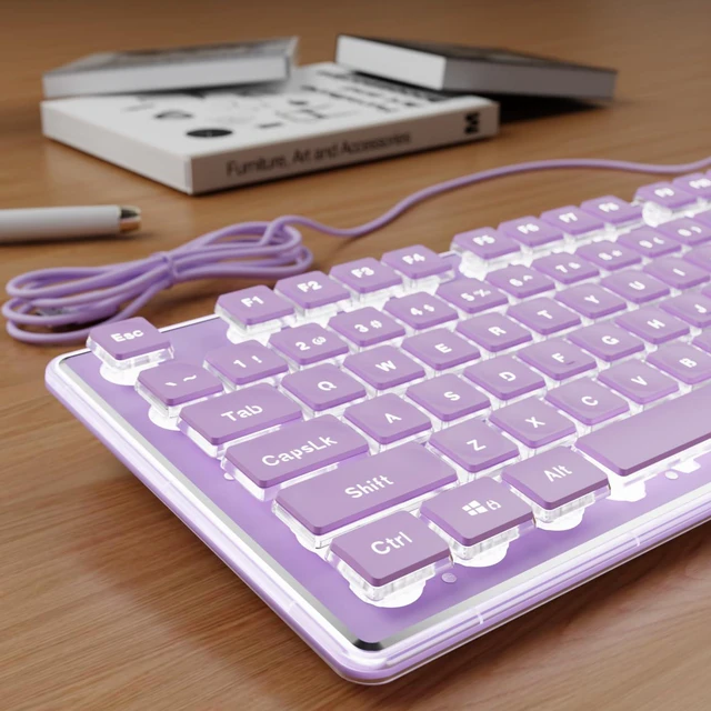 Main image of SEUNKWANG Wired Backlit Keyboard with Pudding Keycaps, Quiet Full Size Computer Keyboard White Backlight Easy-to-Read, Never Fade, Metal Panel, USB Cute Desk Setup for Windows PC Desktop, Purple