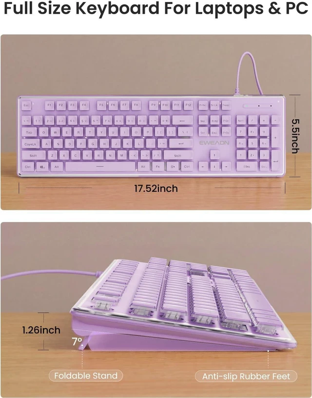 Alt view image 7 of 7 - SEUNKWANG Wired Backlit Keyboard with Pudding Keycaps, Quiet Full Size Computer Keyboard White Backlight Easy-to-Read, Never Fade, Metal Panel, USB Cute Desk Setup for Windows PC Desktop, Purple
