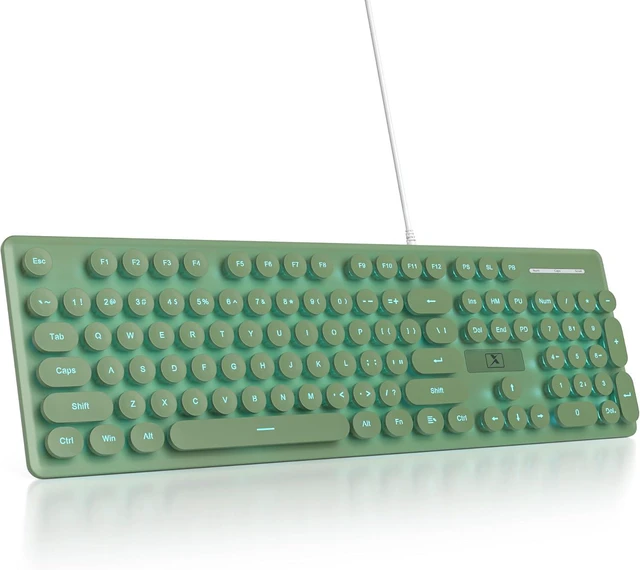 Main image of Wired Retro Typewriter Keyboard, Quiet Computer Keyboard Light up with Full Size 104 Round Keys Blue LED Backlit Slim Silent for Windows PC Laptop(Dark Green)