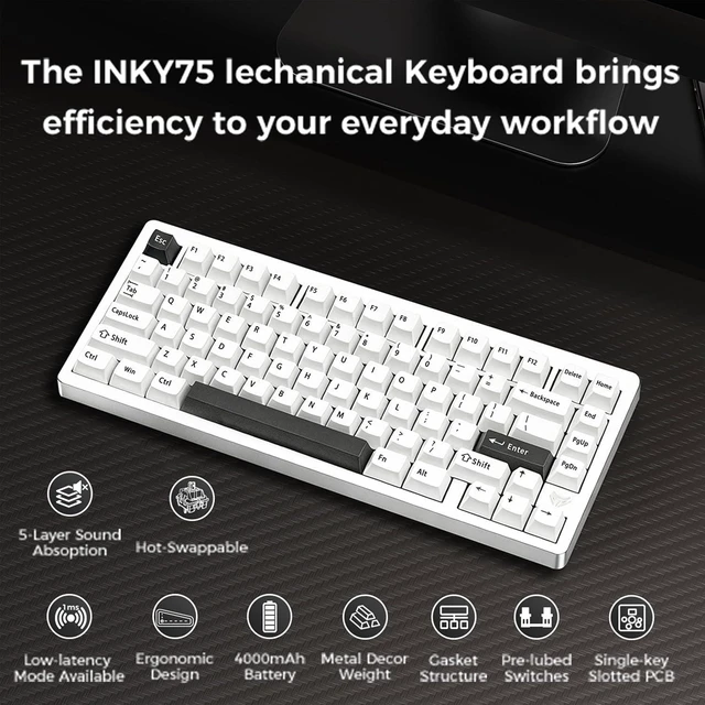 Alt view image 3 of 7 - MK INKY75 Mechanical Keyboard with Full Aluminum Wireless Mechanical Gaming Keyboard, 75% Layout Mechanical Keyboard BT/2.4G/USB-C,Hot Swappable, Creamy Sounding, RGB/PP/4000mAh(Almost White)