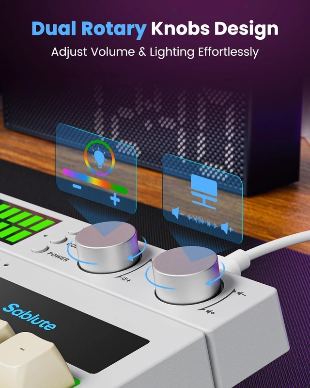Alt view image 4 of 7 - SABLUTE Gaming Keyboard with Audio-Sync RGB Light Strip, Mechanical Feel PC Gaming Keyboards 26-Key Anti-Ghosting Dual Control Knobs, Adjustable Stand