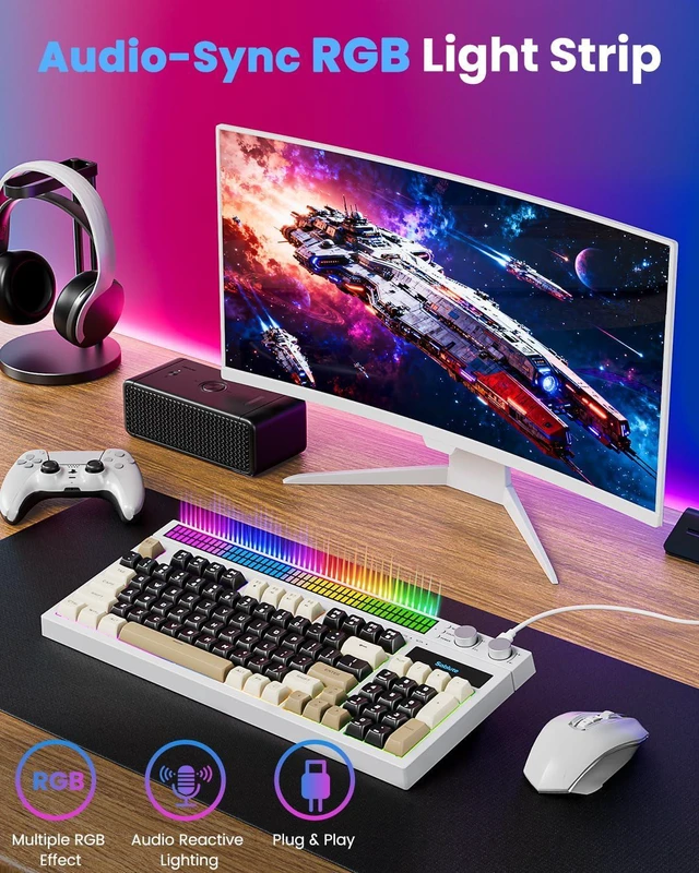 Alt view image 3 of 7 - SABLUTE Gaming Keyboard with Audio-Sync RGB Light Strip, Mechanical Feel PC Gaming Keyboards 26-Key Anti-Ghosting Dual Control Knobs, Adjustable Stand