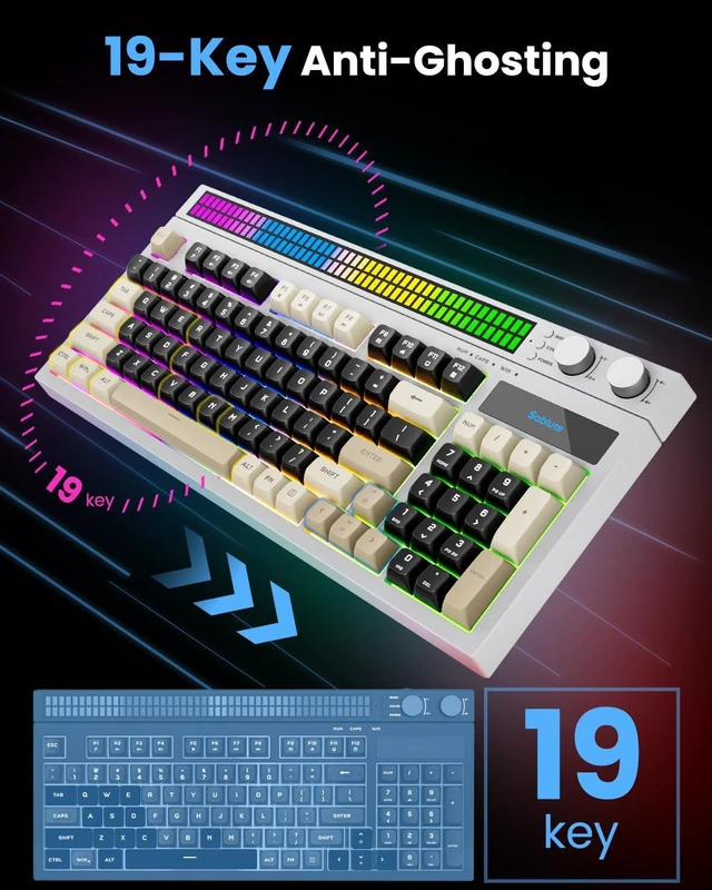 Alt view image 7 of 7 - SABLUTE Gaming Keyboard with Audio-Sync RGB Light Strip, Mechanical Feel PC Gaming Keyboards 26-Key Anti-Ghosting Dual Control Knobs, Adjustable Stand