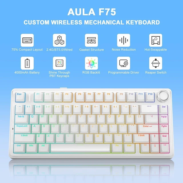 Alt view image 2 of 7 - AULA F75 - 75% Mechanical Keyboard, Wireless Gaming keyboard BT5.0/2.4GHz/USB-C, Hot Swappable Custom Pre-lubed Switches with Knob, RGB Backlit Shine-Through PBT Keycaps Creamy Sounding Keyboard