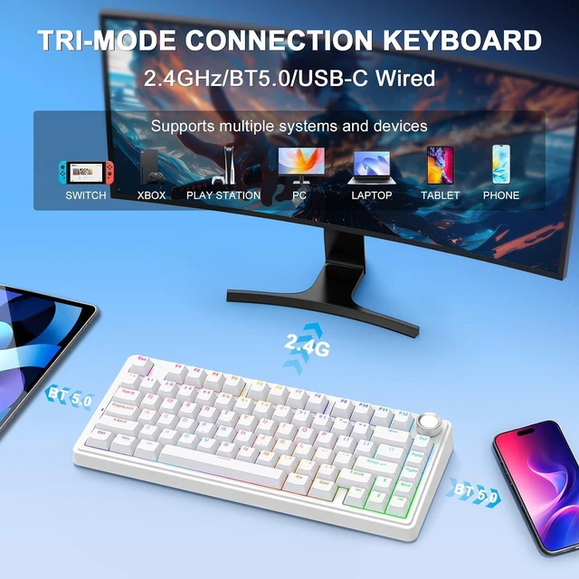 Alt view image 3 of 7 - AULA F75 - 75% Mechanical Keyboard, Wireless Gaming keyboard BT5.0/2.4GHz/USB-C, Hot Swappable Custom Pre-lubed Switches with Knob, RGB Backlit Shine-Through PBT Keycaps Creamy Sounding Keyboard