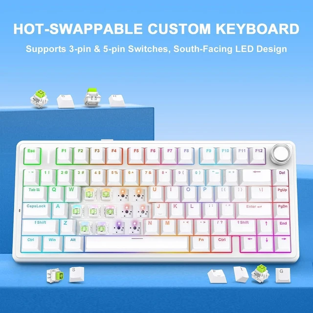 Alt view image 5 of 7 - AULA F75 - 75% Mechanical Keyboard, Wireless Gaming keyboard BT5.0/2.4GHz/USB-C, Hot Swappable Custom Pre-lubed Switches with Knob, RGB Backlit Shine-Through PBT Keycaps Creamy Sounding Keyboard