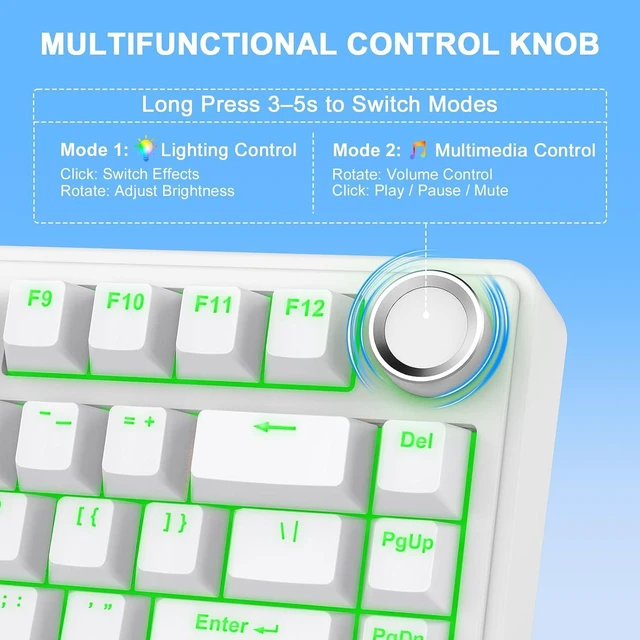 Alt view image 7 of 7 - AULA F75 - 75% Mechanical Keyboard, Wireless Gaming keyboard BT5.0/2.4GHz/USB-C, Hot Swappable Custom Pre-lubed Switches with Knob, RGB Backlit Shine-Through PBT Keycaps Creamy Sounding Keyboard
