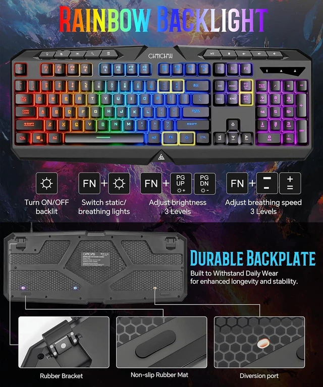 Alt view image 2 of 7 - Light Up Gaming Keyboard Wired for PC PS5 Computer, USB Plug & Play, Quiet | 19-Key Anti-Ghosting, 12 Multimedia Keys, 114 Membrane Keys, Waterproof, Rainbow LED, Mechanical Feeling for Windows Gamer