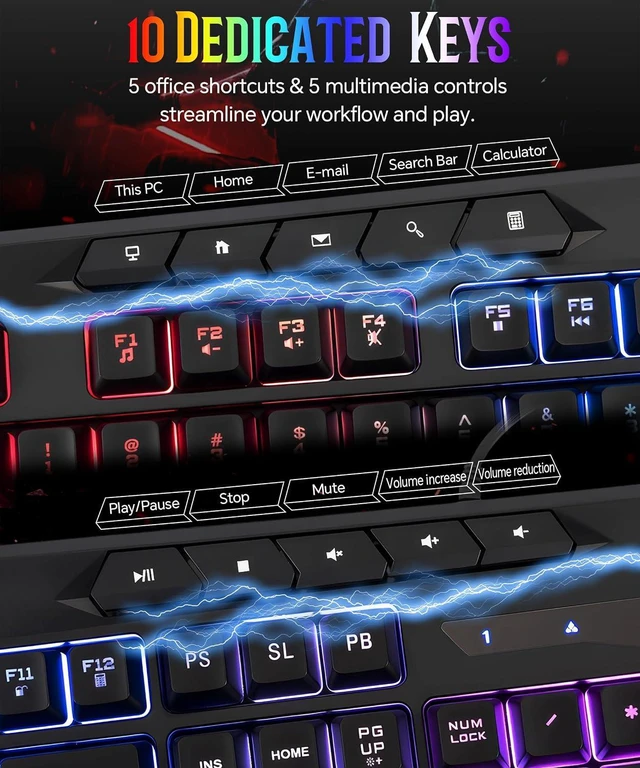 Alt view image 3 of 7 - Light Up Gaming Keyboard Wired for PC PS5 Computer, USB Plug & Play, Quiet | 19-Key Anti-Ghosting, 12 Multimedia Keys, 114 Membrane Keys, Waterproof, Rainbow LED, Mechanical Feeling for Windows Gamer