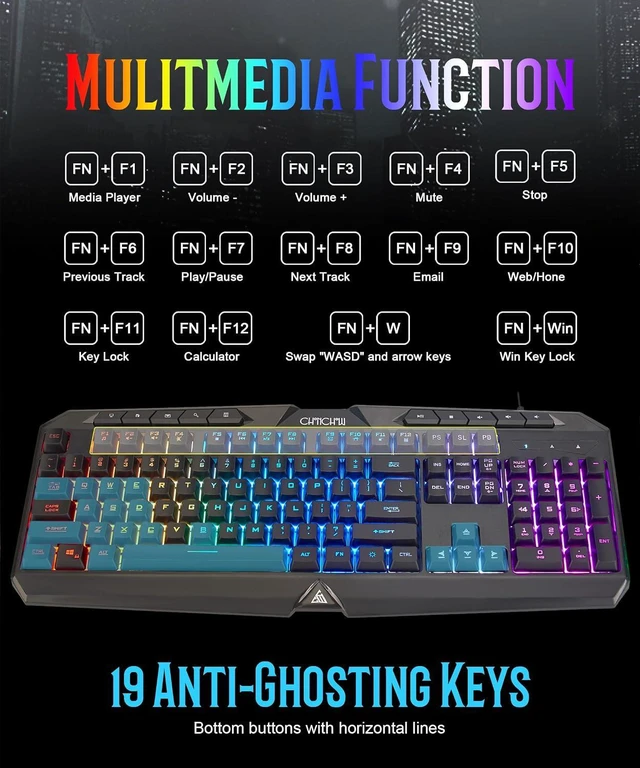 Alt view image 4 of 7 - Light Up Gaming Keyboard Wired for PC PS5 Computer, USB Plug & Play, Quiet | 19-Key Anti-Ghosting, 12 Multimedia Keys, 114 Membrane Keys, Waterproof, Rainbow LED, Mechanical Feeling for Windows Gamer