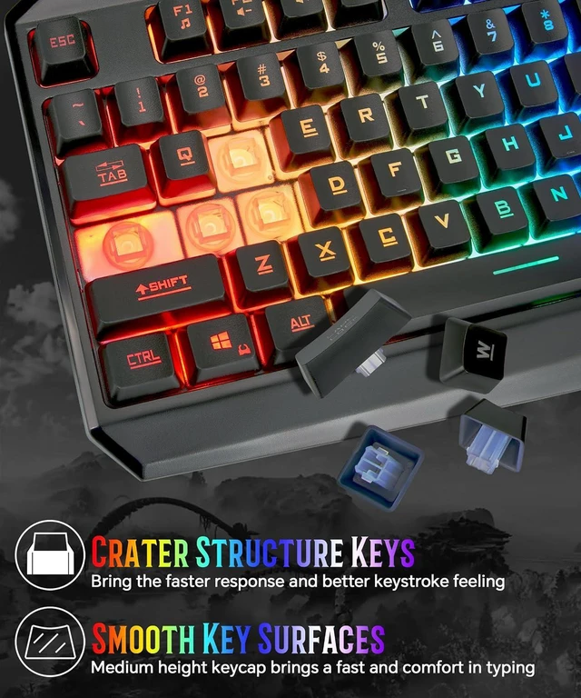 Alt view image 6 of 7 - Light Up Gaming Keyboard Wired for PC PS5 Computer, USB Plug & Play, Quiet | 19-Key Anti-Ghosting, 12 Multimedia Keys, 114 Membrane Keys, Waterproof, Rainbow LED, Mechanical Feeling for Windows Gamer