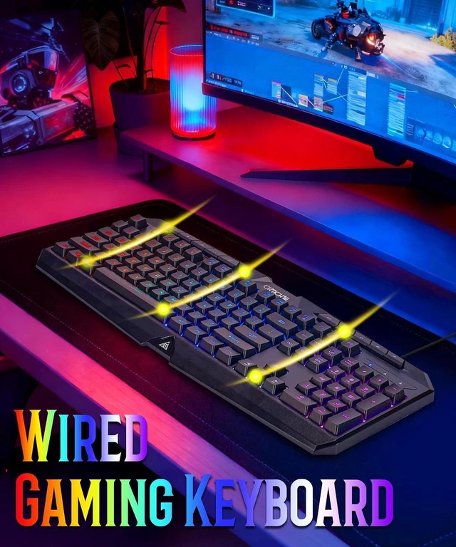 Alt view image 5 of 7 - Light Up Gaming Keyboard Wired for PC PS5 Computer, USB Plug & Play, Quiet | 19-Key Anti-Ghosting, 12 Multimedia Keys, 114 Membrane Keys, Waterproof, Rainbow LED, Mechanical Feeling for Windows Gamer
