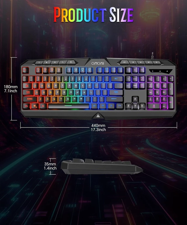 Alt view image 7 of 7 - Light Up Gaming Keyboard Wired for PC PS5 Computer, USB Plug & Play, Quiet | 19-Key Anti-Ghosting, 12 Multimedia Keys, 114 Membrane Keys, Waterproof, Rainbow LED, Mechanical Feeling for Windows Gamer