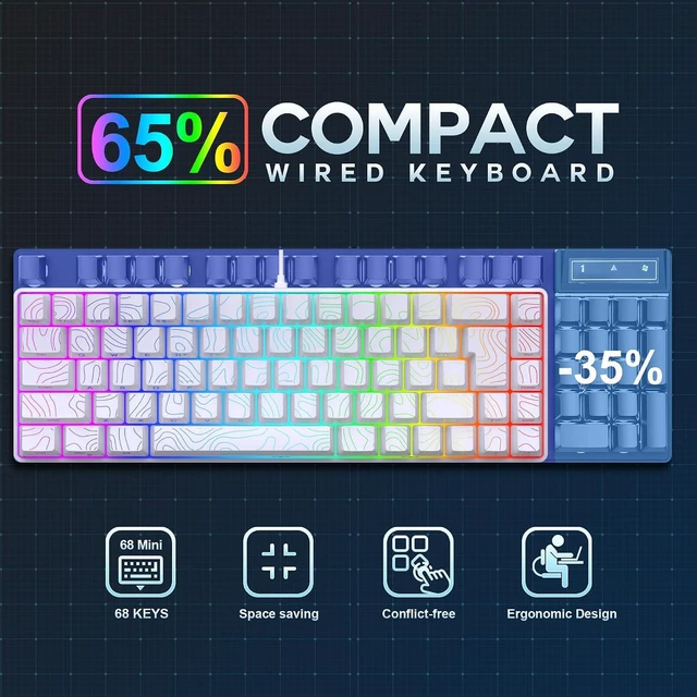 Alt view image 4 of 7 - Snpurdiri 65% Wired Gaming Keyboard, 68 Keys RGB (Contour-line, White) | Backlit Ultra-Compact Small Gaming Keyboard, for PC/Mac Gamer, Typist, Travel, Easy to Carry on Business Trip