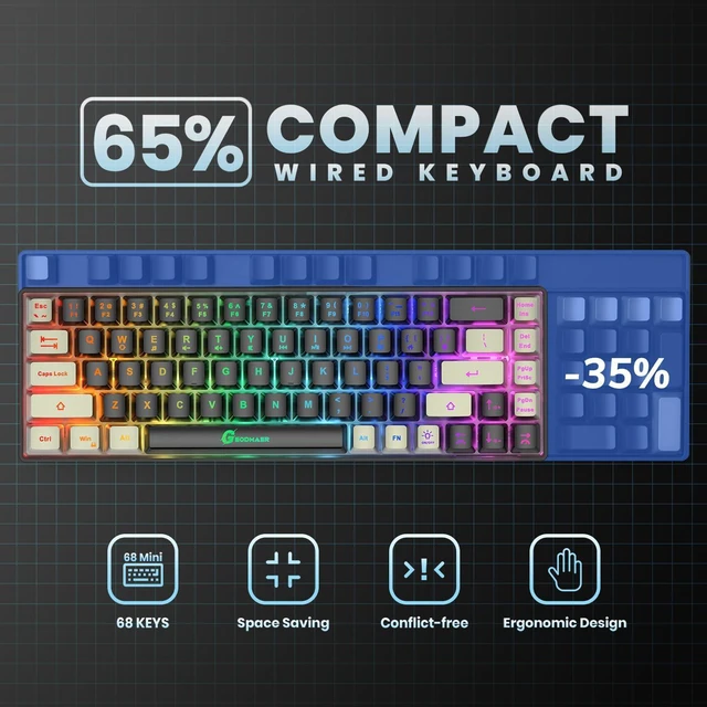 Alt view image 4 of 7 - GEODMAER 65% Gaming Keyboard, LED Backlit Mini Wired Gaming Keyboard, Ultra-Compact Anti-Ghosting No-Conflict 68 Keys Gaming Wired Keyboard for PC Laptop Gamer