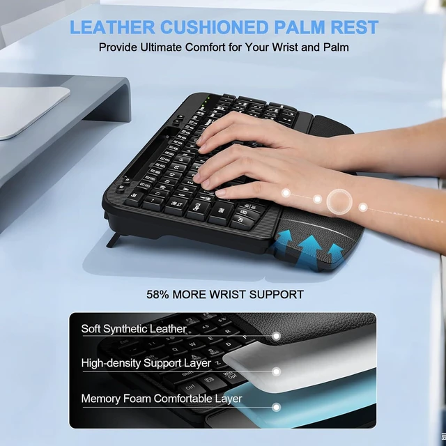 Alt view image 2 of 7 - EAYBLLY 2.4G Wireless Ergonomic Keyboard, Full Size Wave Keys with Memory Foam Wrist Rest & 7.28in Phone Holder, USB-C Adapter Included for Windows Mac Chrome OS, Office or Home (Black)