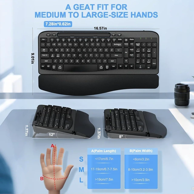 Alt view image 3 of 7 - EAYBLLY 2.4G Wireless Ergonomic Keyboard, Full Size Wave Keys with Memory Foam Wrist Rest & 7.28in Phone Holder, USB-C Adapter Included for Windows Mac Chrome OS, Office or Home (Black)