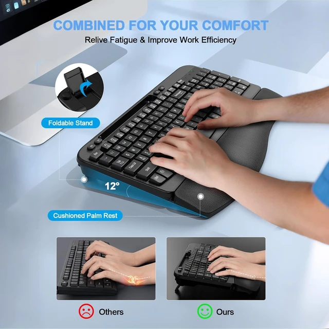 Alt view image 4 of 7 - EAYBLLY 2.4G Wireless Ergonomic Keyboard, Full Size Wave Keys with Memory Foam Wrist Rest & 7.28in Phone Holder, USB-C Adapter Included for Windows Mac Chrome OS, Office or Home (Black)