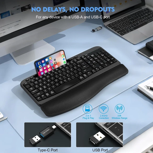Alt view image 5 of 7 - EAYBLLY 2.4G Wireless Ergonomic Keyboard, Full Size Wave Keys with Memory Foam Wrist Rest & 7.28in Phone Holder, USB-C Adapter Included for Windows Mac Chrome OS, Office or Home (Black)