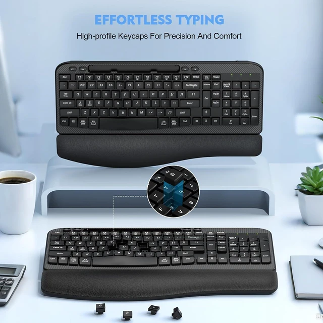 Alt view image 6 of 7 - EAYBLLY 2.4G Wireless Ergonomic Keyboard, Full Size Wave Keys with Memory Foam Wrist Rest & 7.28in Phone Holder, USB-C Adapter Included for Windows Mac Chrome OS, Office or Home (Black)